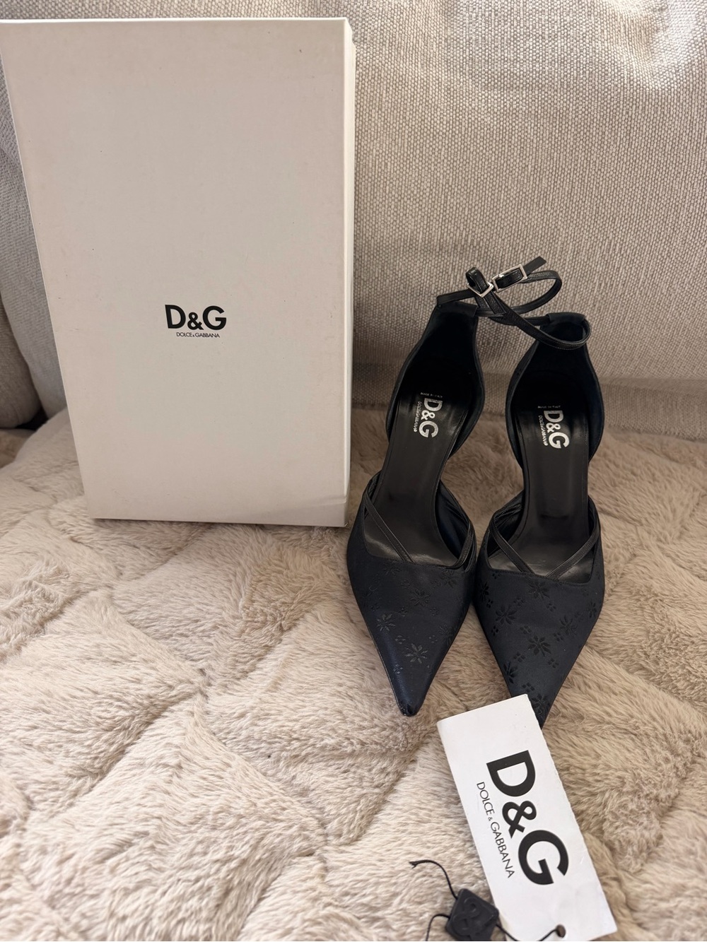 Dolce & Gabbana Black Pointed Floral-Embossed Ankle-Strap Heels